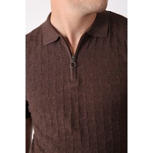 Ferraro Kahve Polo Yaka Fermuarlı Erkek Pamuk Triko T-Shirt