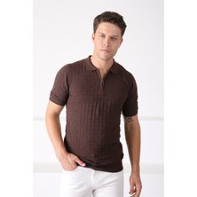 Ferraro Kahve Polo Yaka Fermuarlı Erkek Pamuk Triko T-Shirt