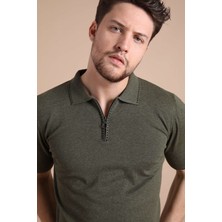 Ferraro Haki Polo Yaka Fermuarlı Erkek Pamuk Triko T-Shirt