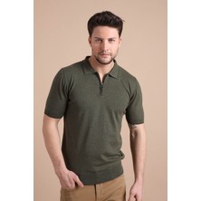 Ferraro Haki Polo Yaka Fermuarlı Erkek Pamuk Triko T-Shirt