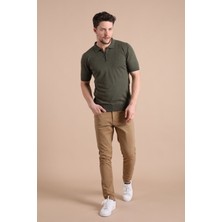 Ferraro Haki Polo Yaka Fermuarlı Erkek Pamuk Triko T-Shirt