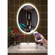 Global Led Mirror 73X93 cm Bluetoothlu Dokunmatik Tuşlu Buğu Yapmayan Ledli Elips Banyo Aynası