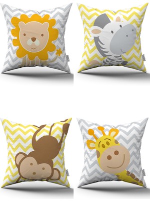 Cango Home Sarı Gri Hayvan Figürlü Dijital Baskılı Çocuk Kırlent Kılıfı Seti 4KMBS139