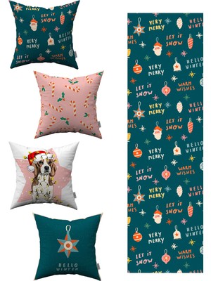 Cango Home Yeşil Yılbaşı Temalı 4'lü Kırlent Kılıfı 1 Runner Seti 4KMBS056-RS-02