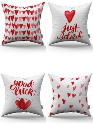 Cango Home Beyaz Kırmızı Modern Sevgililer Günü Temalı Dijital Baskılı Kırlent Kılıfı Seti 4KMBS182