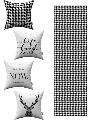Cango Home Siyah Beyaz Dekoratif Modern 4'lü Kırlent Kılıfı 1 Runner Seti 4KMBS79-RS