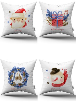 Cango Home Kırmızı Mavi Yılbaşı Temalı 4'lü Kırlent Kılıfı Seti 4KMBS169