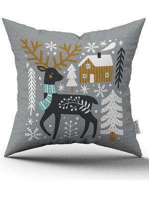 Cango Home Mavi Gri Yılbaşı Temalı Dijital Baskılı Kırlent Kılıfı CGH835