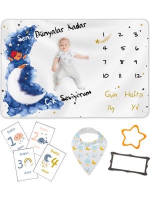 Moky Design Erkek Bebek Yenidoğan Hediyesi Anı Battaniyesi 150 x 100 cm Anı Kartları, Bebek Önlüğü, 5'li Set