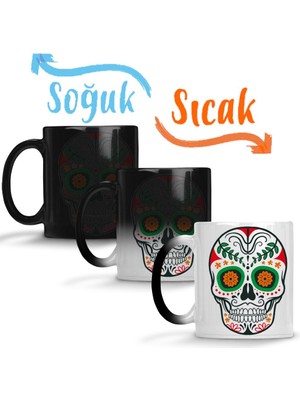 Baskı Dükkanı Renkli ve Desenli Kuru Kafa Skull Sihirli Kupa Bardak Porselen