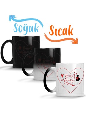 Baskı Dükkanı Aşk Kediler Happy Valentine's Cats Sihirli Kupa Bardak Porselen