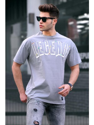 Madmext Baskılı Boyalı Gri Oversize T-Shirt 5393