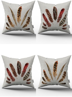 Cango Home Esnafali Bohem Etnik Tarz Kuştüyü Desenli Dijital Baskılı Kırlent Kılıfı Seti 4KMBS199 Kahverengi Turuncu Kırmızı