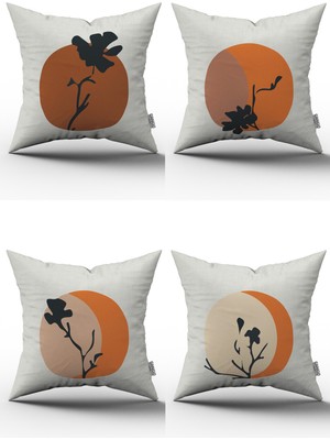 Cango Home Esnafali Bohem Modern Yaprak Desenli Dijital Baskılı Kırlent Kılıfı Seti 4KMBS203 Turuncu Siyah
