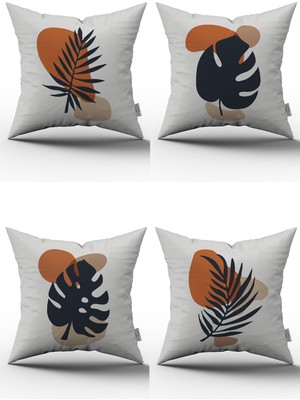 Cango Home Esnafali Modern Tarz Yaprak Desenli Dijital Baskılı Kırlent Kılıfı Seti 4KMBS205 Turuncu Lacivert