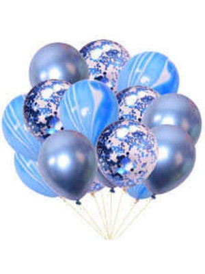 Parti Sürprizi Mavi Renk Konfetili Mermer Desenli Balon Set