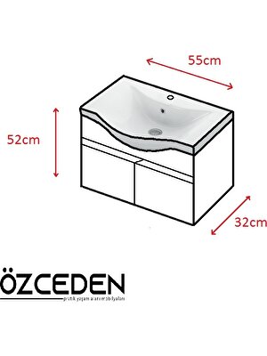 Özceden Yıldız 55 Komple Antrasit Gri Mat Renkli Mdf Alt Dolap ve Lavabo Taşı