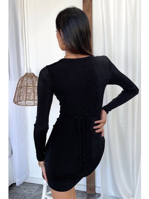 Ladiesuniq Siyah Ipli Bağlamalı Elbise