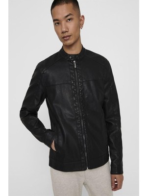 Only & Sons   22012339 Omuzları Dıkıslı Hakım Yaka 2 Cep Onden Fermuarlı Derı Mont Siyah