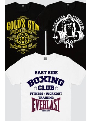 Rock&Roll Golds Gym, Gorilla Gym, Boks Kulübü Beyaz Erkek 3'lü Eko Paket T-Shirt