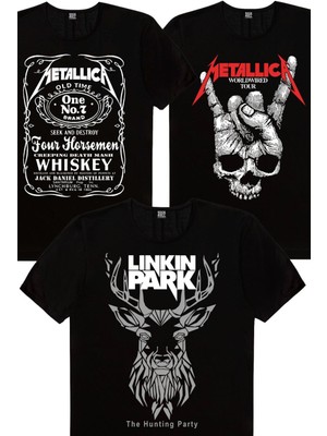 Rock&Roll Geometrik Geyik, Kuru El, Metallica Jack Logo Erkek 3'lü Eko Paket T-Shirt