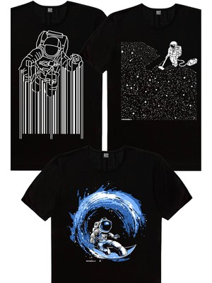 Rock&Roll Süpürgeli Astronot, Barkod Astronot, Galaktik Sörfçü Erkek 3'lü Eko Paket T-Shirt