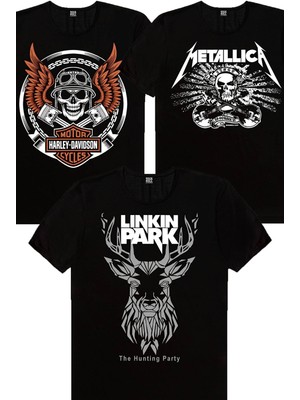 Rock&Roll Geometrik Geyik, Metallica Kurukafa, Motorcu Kurukafa Kadın 3'lü Eko Paket T-Shirt