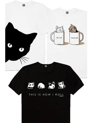 Rock&Roll Sütlü ve Sade, Beyaz Meraklı, Panda Taklası Kadın 3'lü Eko Paket T-Shirt