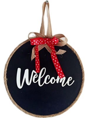 Mixperi Welcome Yazılı Kırmızı Kurdeleli Ahşap Siyah Kapı Süsü