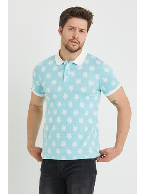 Polo State Erkek Jakar Desenli Polo Yaka T-Shirt  Mavi
