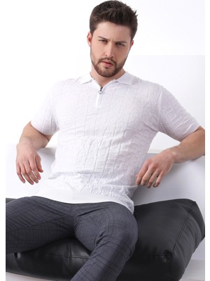 Ferraro Beyaz Polo Yaka Fermuarlı Erkek Pamuk Triko T-Shirt