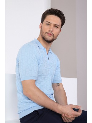 Ferraro Mavi Polo Yaka Fermuarlı Erkek Pamuk Triko T-Shirt