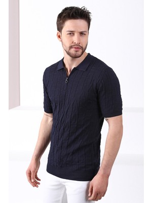 Ferraro Lacivert Polo Yaka Fermuarlı Erkek Pamuk Triko T-Shirt