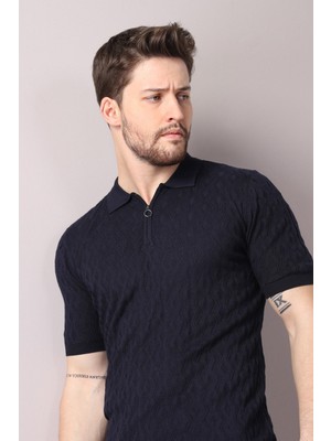 Ferraro Lacivert Polo Yaka Fermuarlı Erkek Pamuk Triko T-Shirt