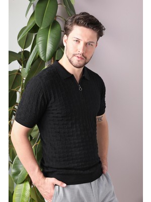 Ferraro Siyah Polo Yaka Fermuarlı Erkek Pamuk Triko T-Shirt