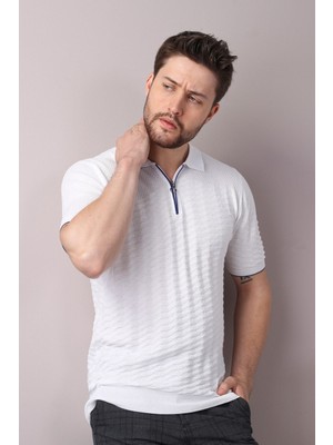 Ferraro Beyaz Polo Yaka Fermuarlı Erkek Pamuk Triko T-Shirt