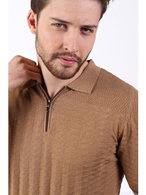 Ferraro Camel Polo Yaka Fermuarlı Erkek Pamuk Triko T-Shirt