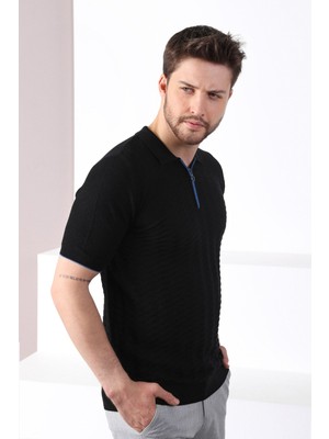 Ferraro Siyah Polo Yaka Fermuarlı Erkek Pamuk Triko T-Shirt