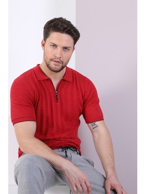 Ferraro Kırmızı Polo Yaka Fermuarlı Erkek Pamuk Triko T-Shirt