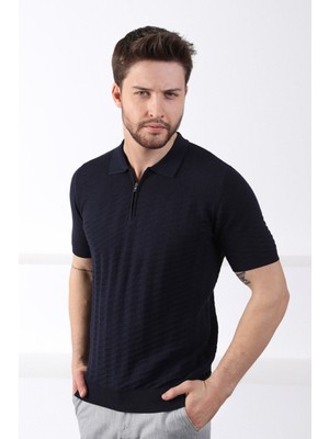 Ferraro Lacivert Polo Yaka Fermuarlı Erkek Pamuk Triko T-Shirt