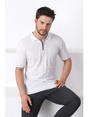 Ferraro Beyaz Polo Yaka Fermuarlı Erkek Pamuk Triko T-Shirt