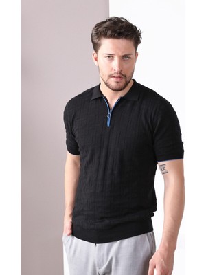 Ferraro Siyah Polo Yaka Fermuarlı Erkek Pamuk Triko T-Shirt