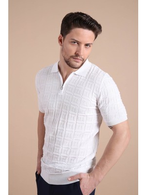 Ferraro Beyaz Polo Yaka Fermuarlı Erkek Pamuk Triko T-Shirt