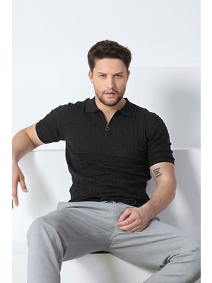 Ferraro Siyah Polo Yaka Fermuarlı Erkek Pamuk Triko T-Shirt