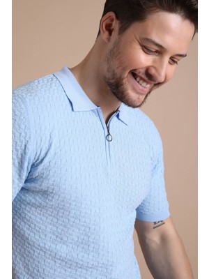 Ferraro Mavi Polo Yaka Fermuarlı Erkek Pamuk Triko T-Shirt