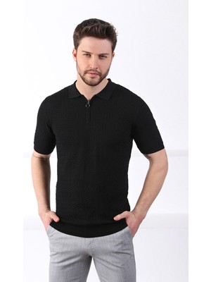 Ferraro Siyah Polo Yaka Fermuarlı Erkek Pamuk Triko T-Shirt
