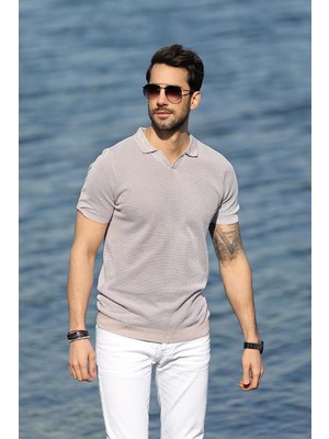 Ferraro A.bej/beyaz Kuşgözü Desenli Polo Yaka Erkek Triko T-Shirt