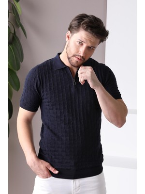 Ferraro Lacivert Polo Yaka Fermuarlı Erkek Pamuk Triko T-Shirt