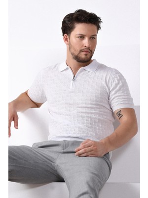 Ferraro Beyaz Polo Yaka Fermuarlı Erkek Pamuk Triko T-Shirt