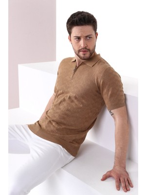 Ferraro Camel Polo Yaka Fermuarlı Erkek Pamuk Triko T-Shirt